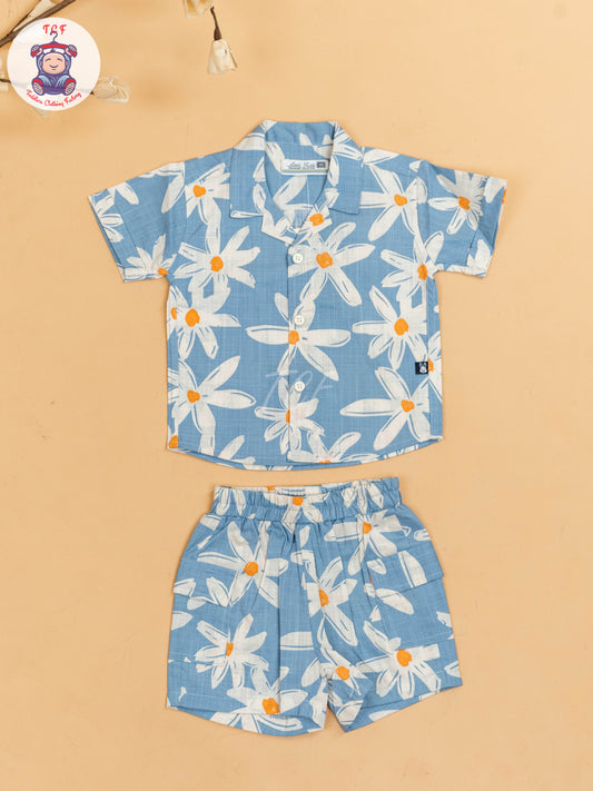 Blue & White - Boys Floral Printed Shirts & Shorts