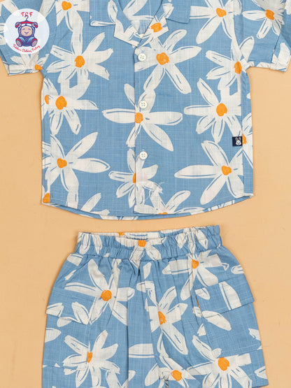 Blue & White - Boys Floral Printed Shirts & Shorts
