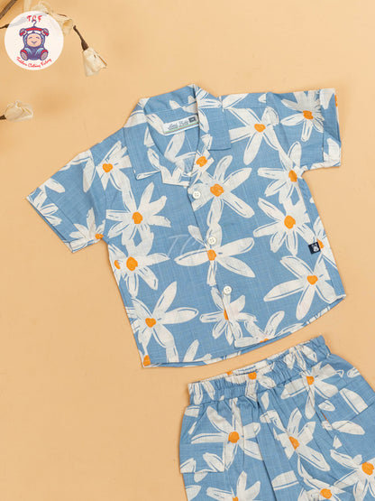 Blue & White - Boys Floral Printed Shirts & Shorts