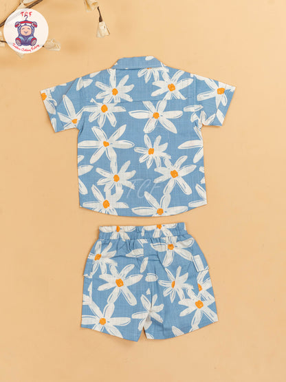 Blue & White - Boys Floral Printed Shirts & Shorts