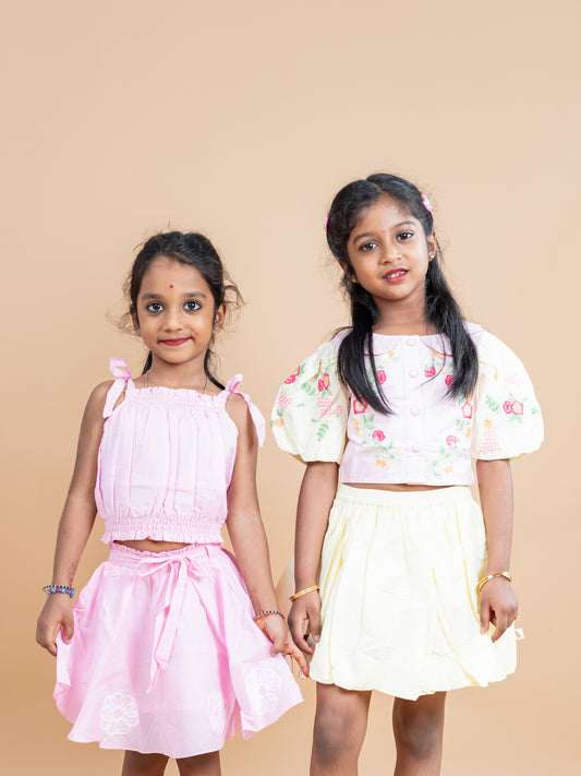 Baby Pink & Lemon Yellow - Girls Crop Top & Shorts
