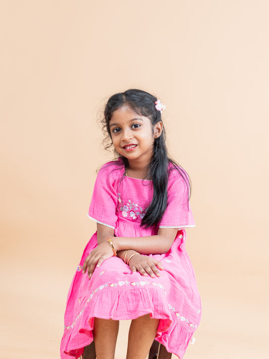 Pink - Girls Wrinkled Cotton Embroidered Frocks