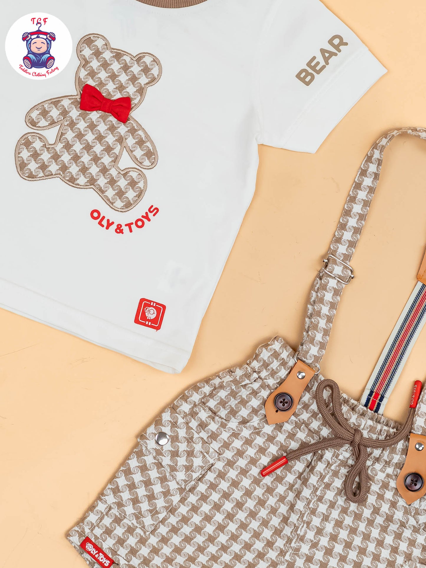 White & Brown - Half Sleeves T-Shirts & Shorts Set With Suspender