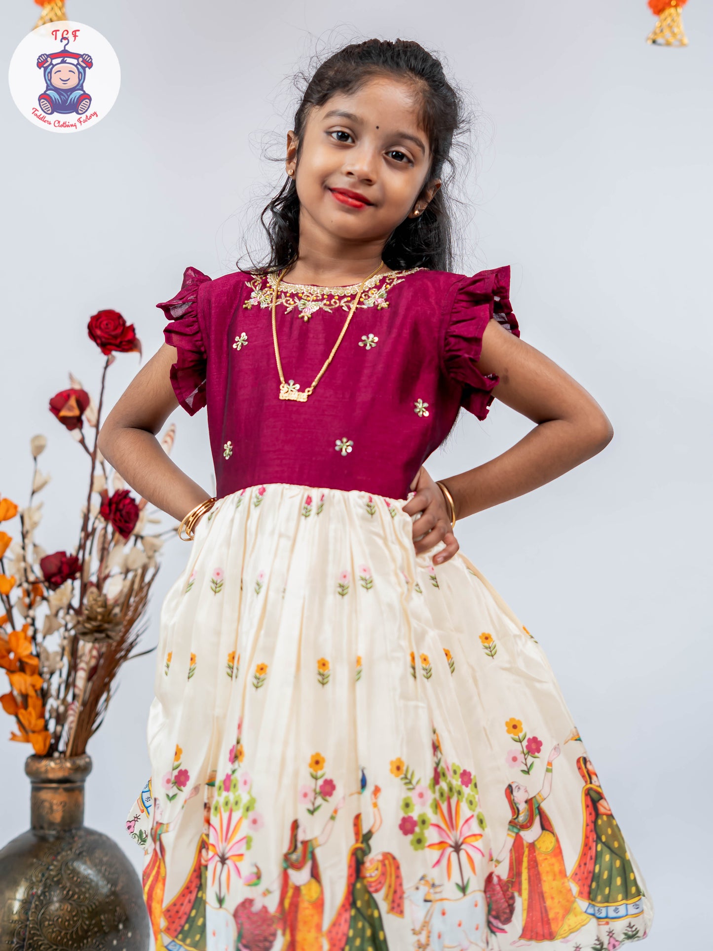 Maroon & Cream - Kids Readymade Frocks