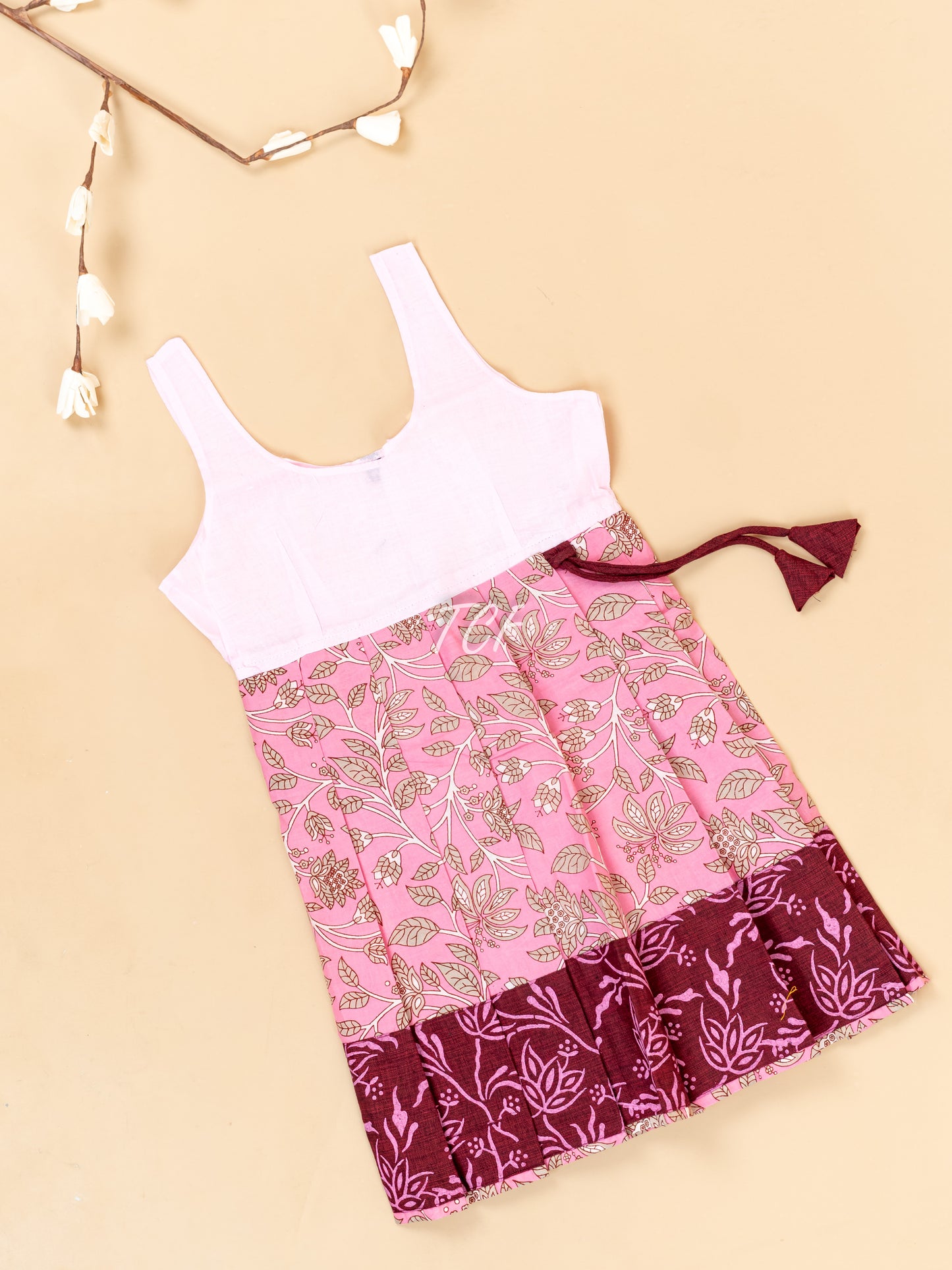 Maroon & Pink - Girls Readymade Floral Printed Cotton Pavadai Sattai