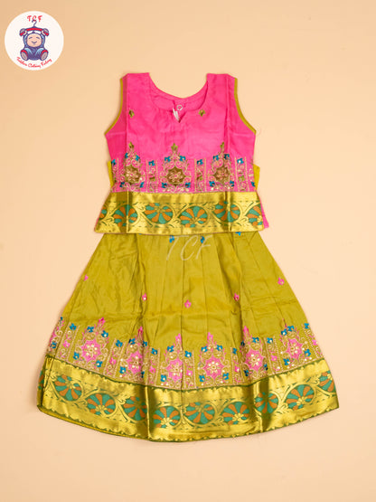 Pink & Green - Embriodered Pavadai Sattai