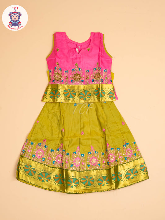 Pink & Green - Embriodered Pavadai Sattai