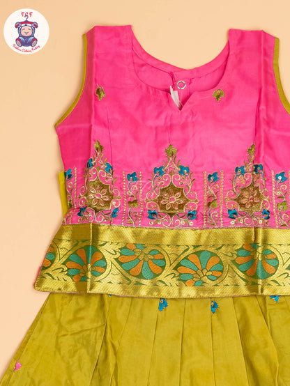 Pink & Green - Embriodered Pavadai Sattai