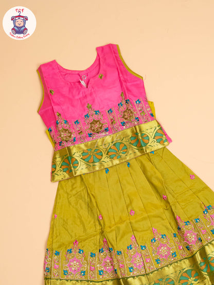 Pink & Green - Embriodered Pavadai Sattai