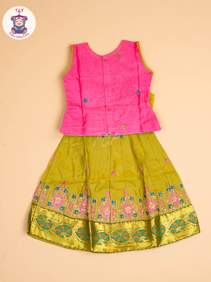 Pink & Green - Embriodered Pavadai Sattai