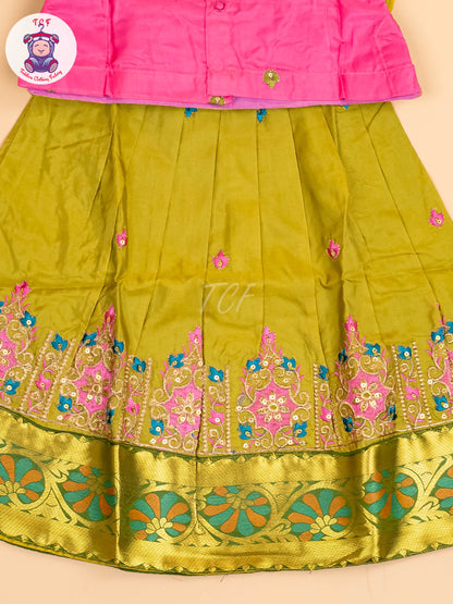Pink & Green - Embriodered Pavadai Sattai