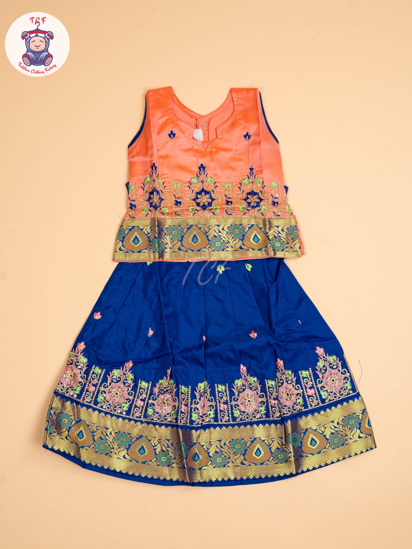 Peach & Blue - Embriodered Pavadai Sattai