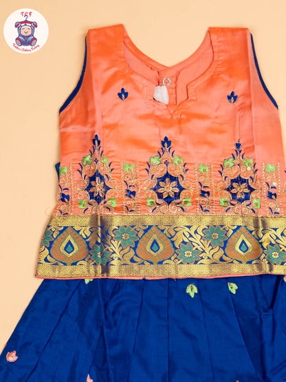 Peach & Blue - Embriodered Pavadai Sattai