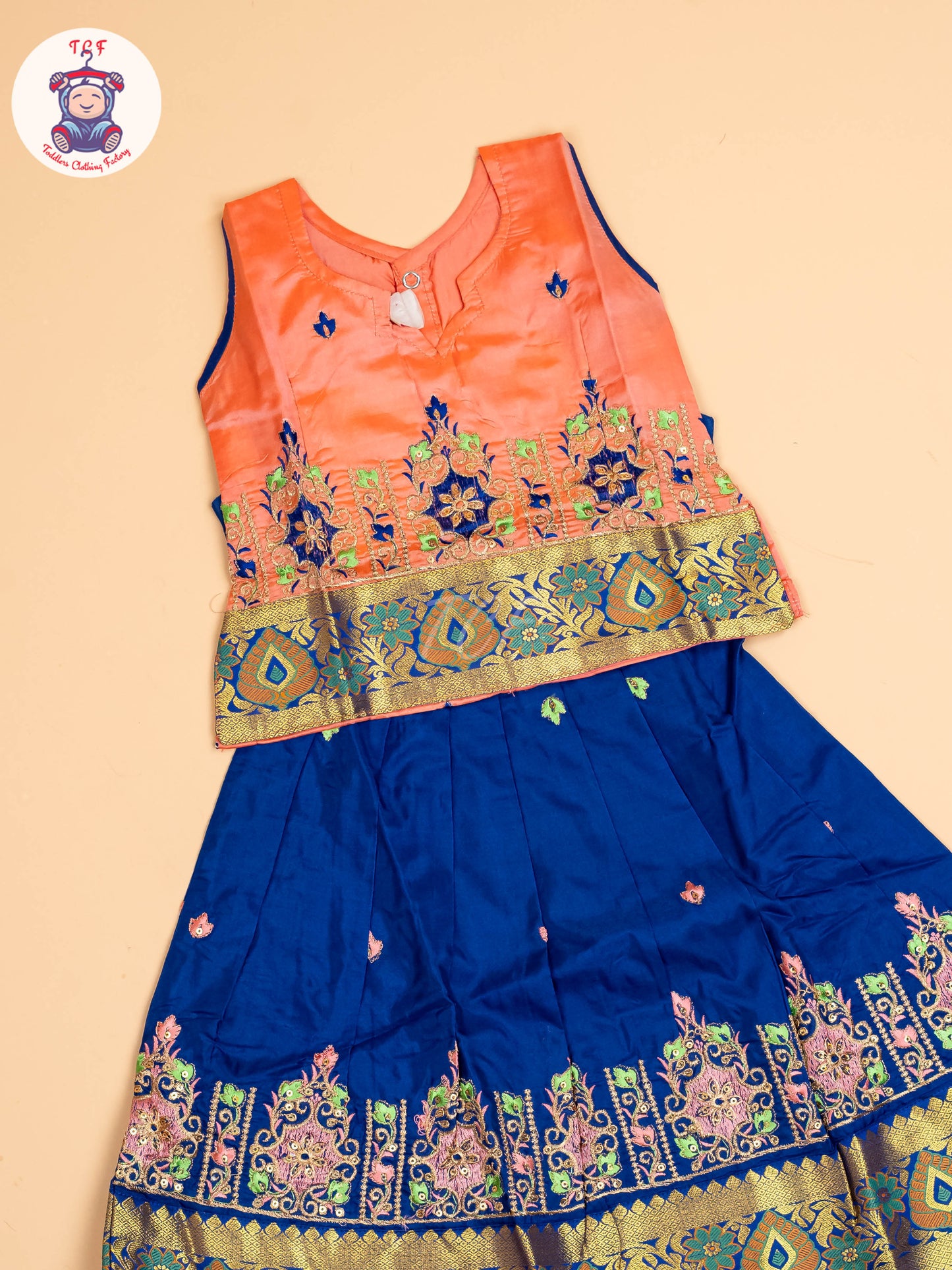 Peach & Blue - Embriodered Pavadai Sattai