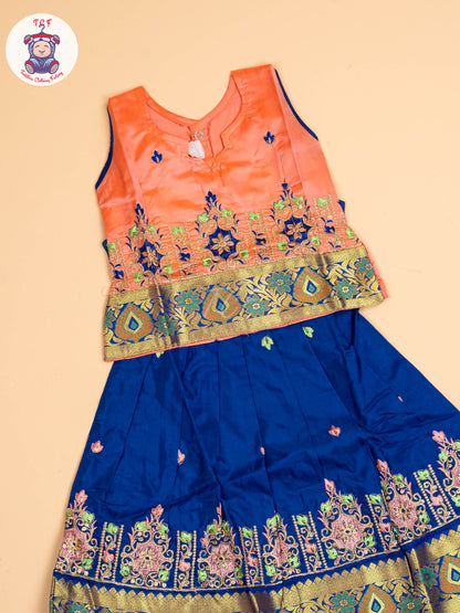 Peach & Blue - Embriodered Pavadai Sattai