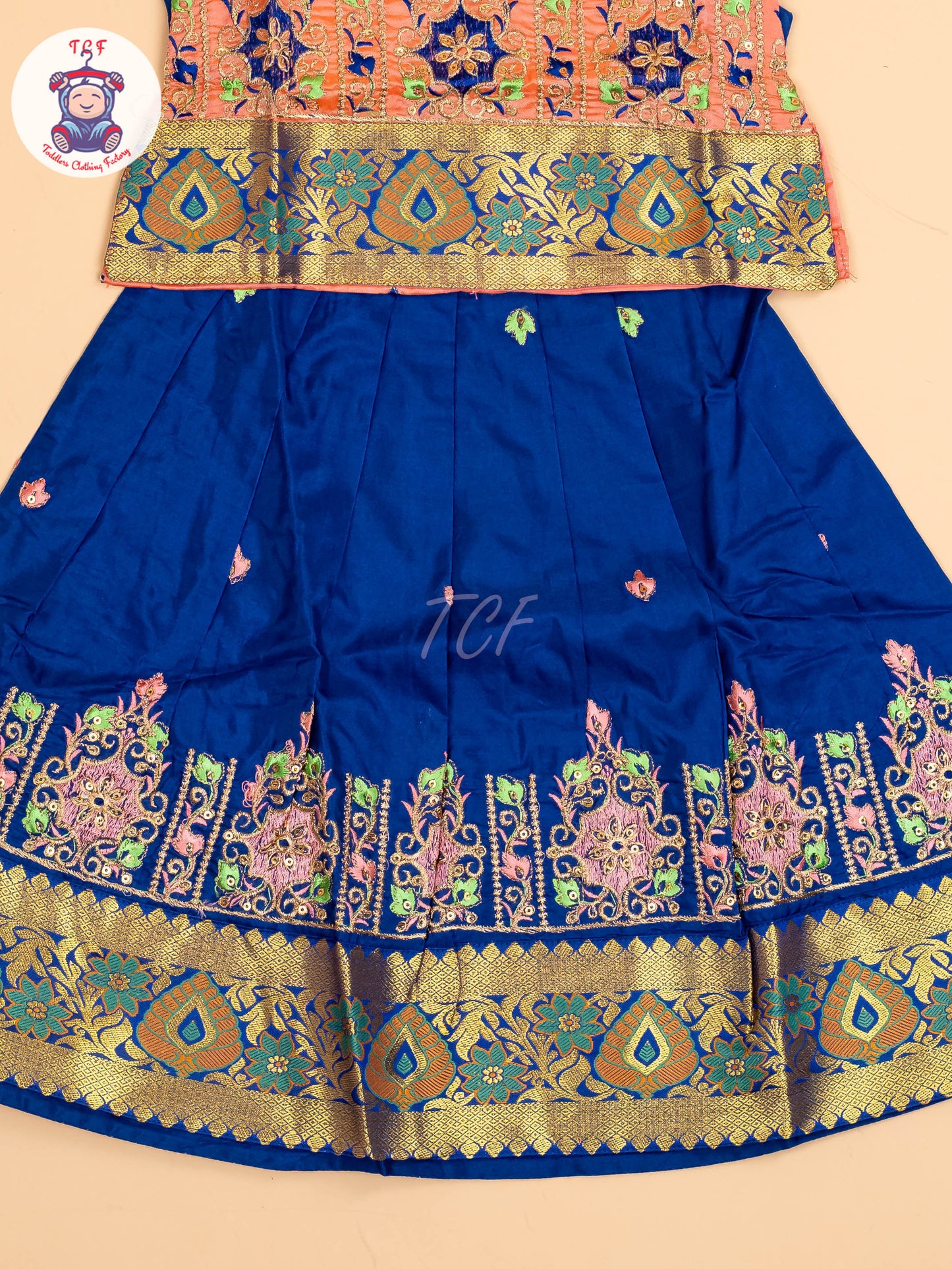 Peach & Blue - Embriodered Pavadai Sattai