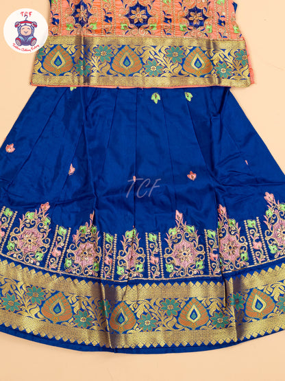 Peach & Blue - Embriodered Pavadai Sattai