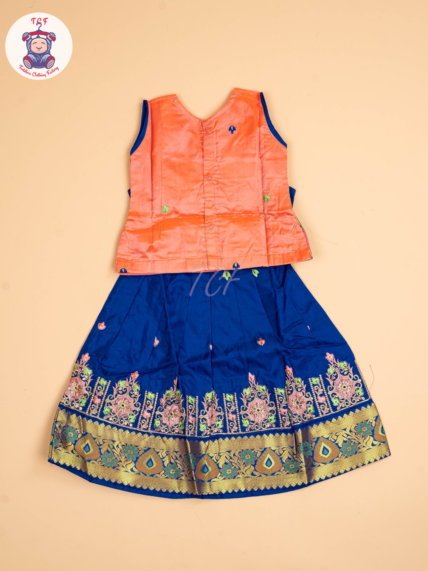 Peach & Blue - Embriodered Pavadai Sattai