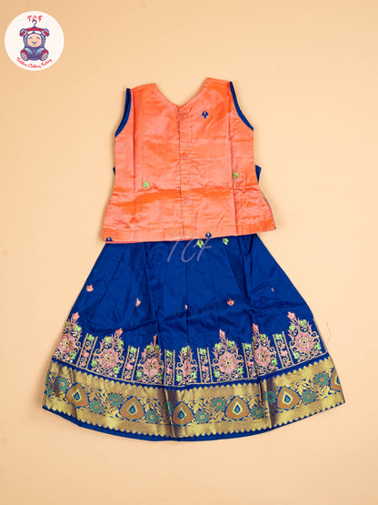Peach & Blue - Embriodered Pavadai Sattai
