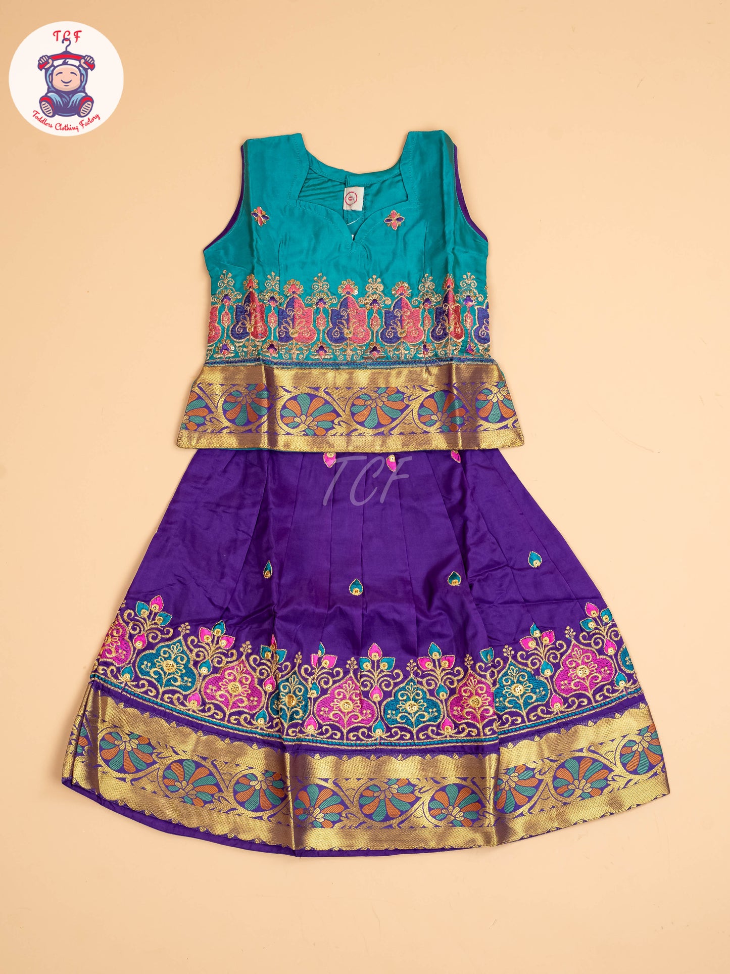 Teal Green & Violet - Embriodered Pavadai Sattai