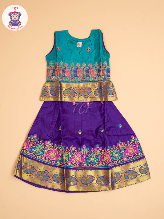 Teal Green & Violet - Embriodered Pavadai Sattai