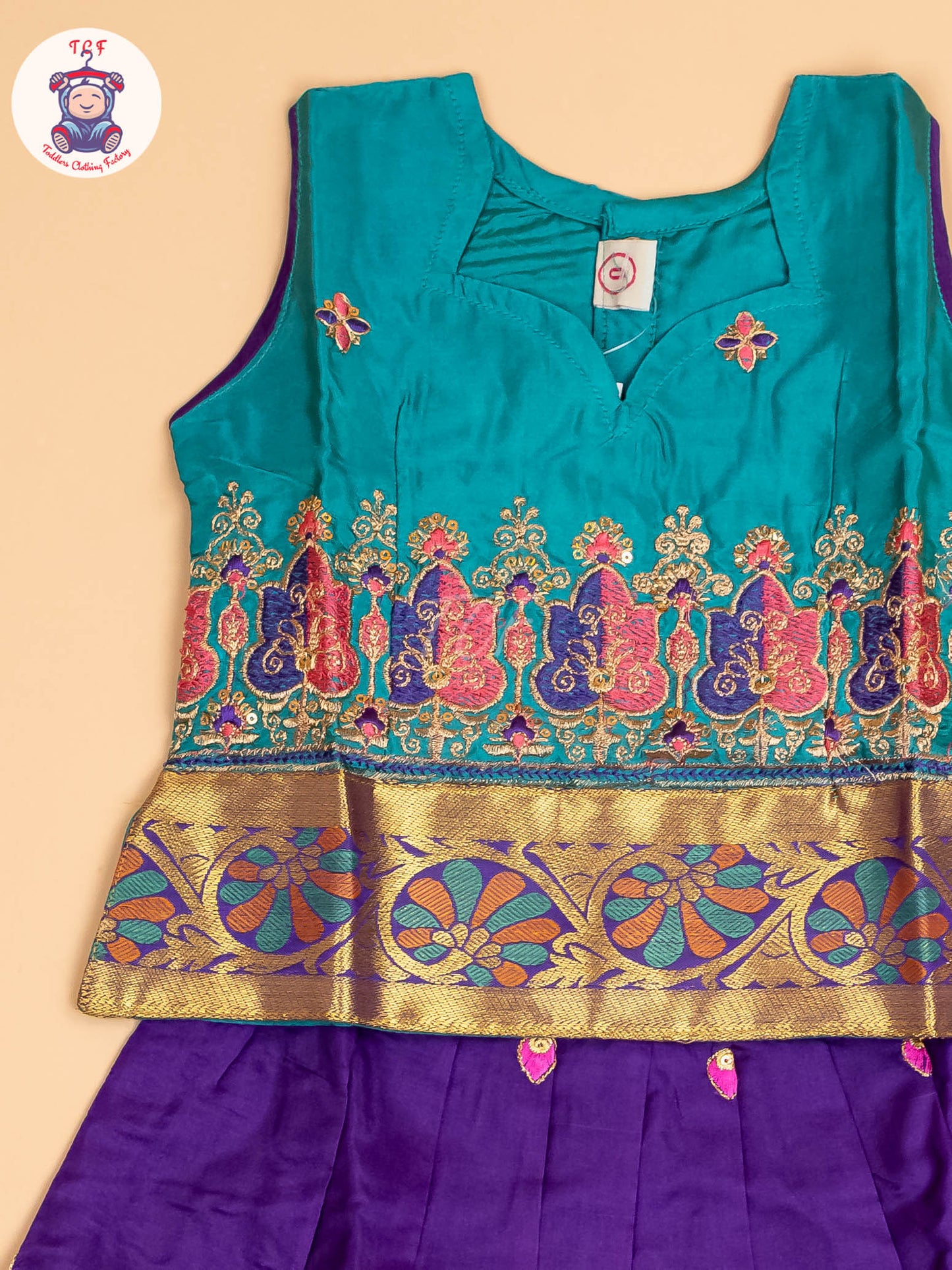 Teal Green & Violet - Embriodered Pavadai Sattai