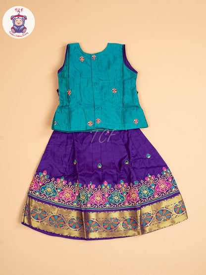 Teal Green & Violet - Embriodered Pavadai Sattai