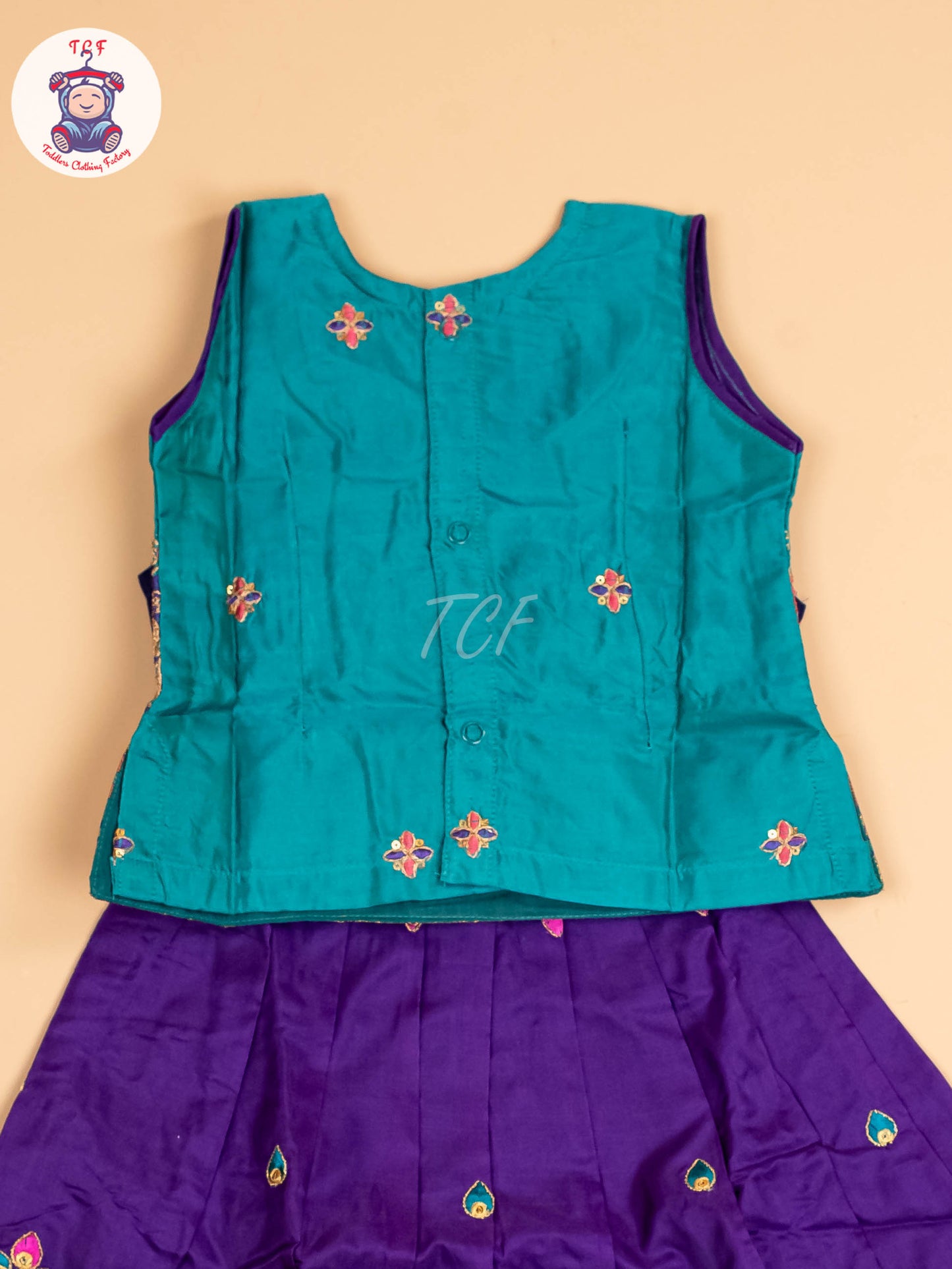 Teal Green & Violet - Embriodered Pavadai Sattai