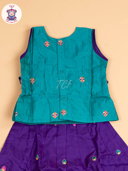 Teal Green & Violet - Embriodered Pavadai Sattai