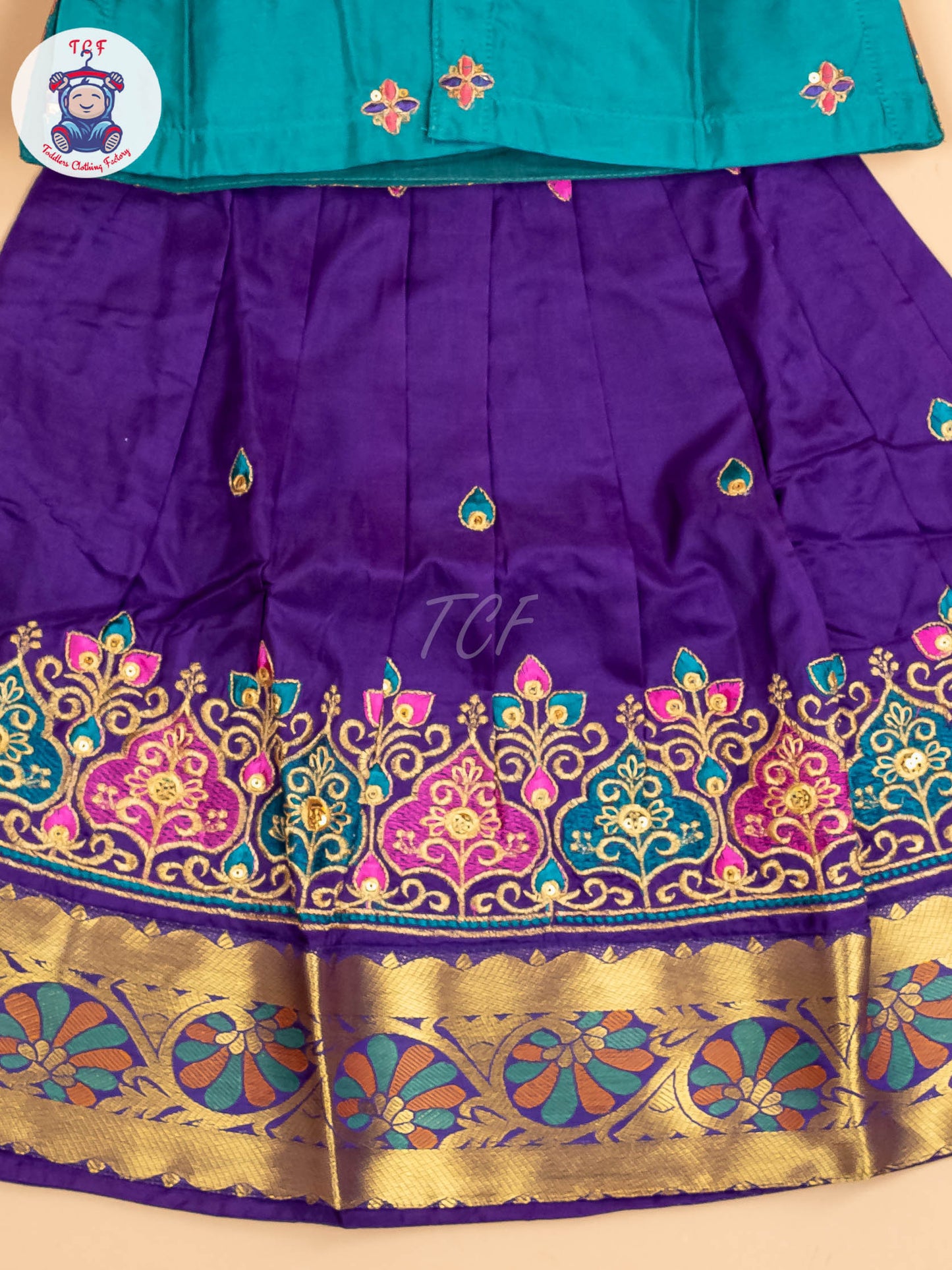 Teal Green & Violet - Embriodered Pavadai Sattai