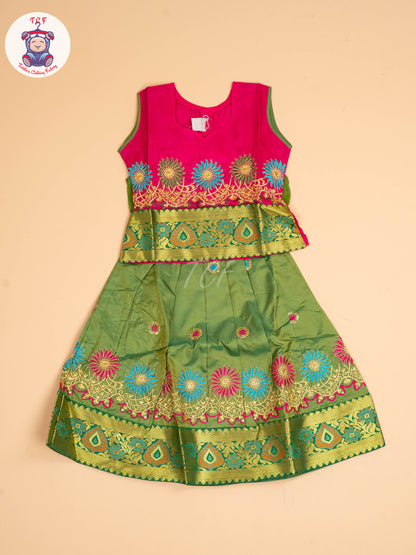 Pink & Green - Embriodered Pavadai Sattai