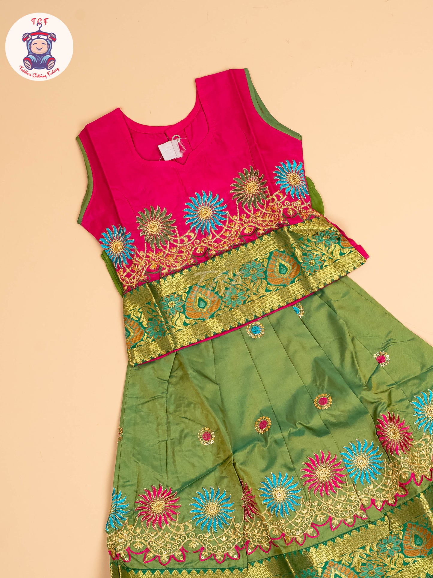 Pink & Green - Embriodered Pavadai Sattai