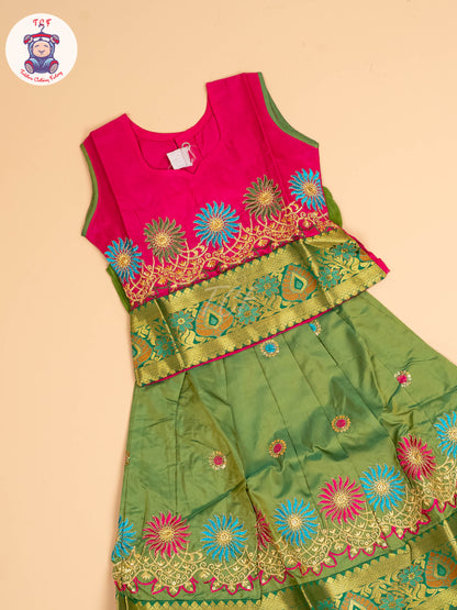 Pink & Green - Embriodered Pavadai Sattai