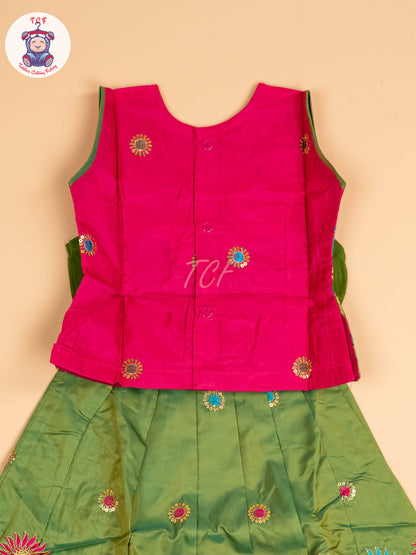 Pink & Green - Embriodered Pavadai Sattai