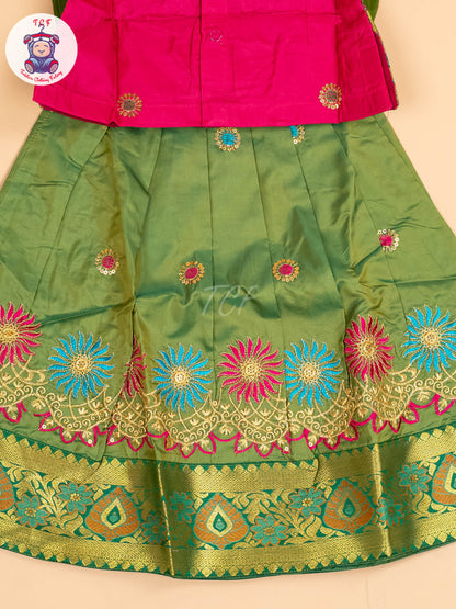 Pink & Green - Embriodered Pavadai Sattai