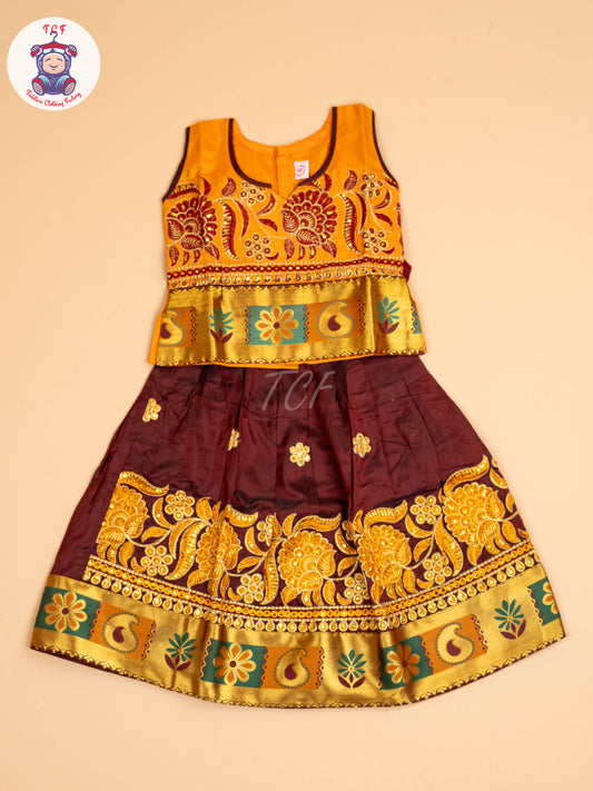 Mustard & Maroon - Embriodered Pavadai Sattai