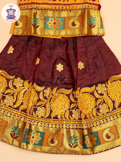 Mustard & Maroon - Embriodered Pavadai Sattai