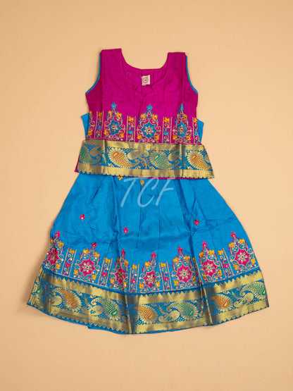 Magenta & Sky Blue - Embriodered Pavadai Sattai