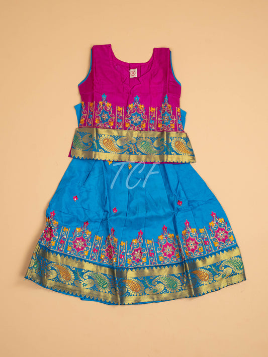 Magenta & Sky Blue - Embriodered Pavadai Sattai