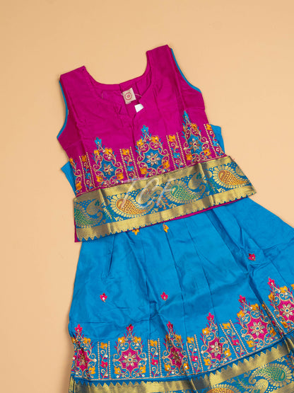 Magenta & Sky Blue - Embriodered Pavadai Sattai