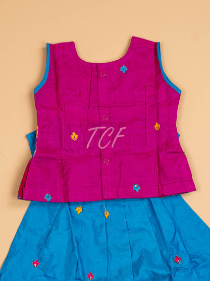 Magenta & Sky Blue - Embriodered Pavadai Sattai