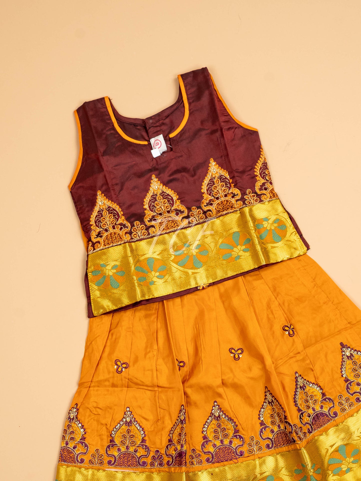 Brown & Mustard - Embriodered Pavadai Sattai