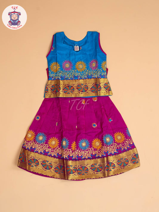 Sky Blue & Magenta - Embriodered Pavadai Sattai