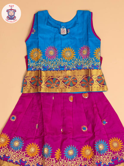 Sky Blue & Magenta - Embriodered Pavadai Sattai