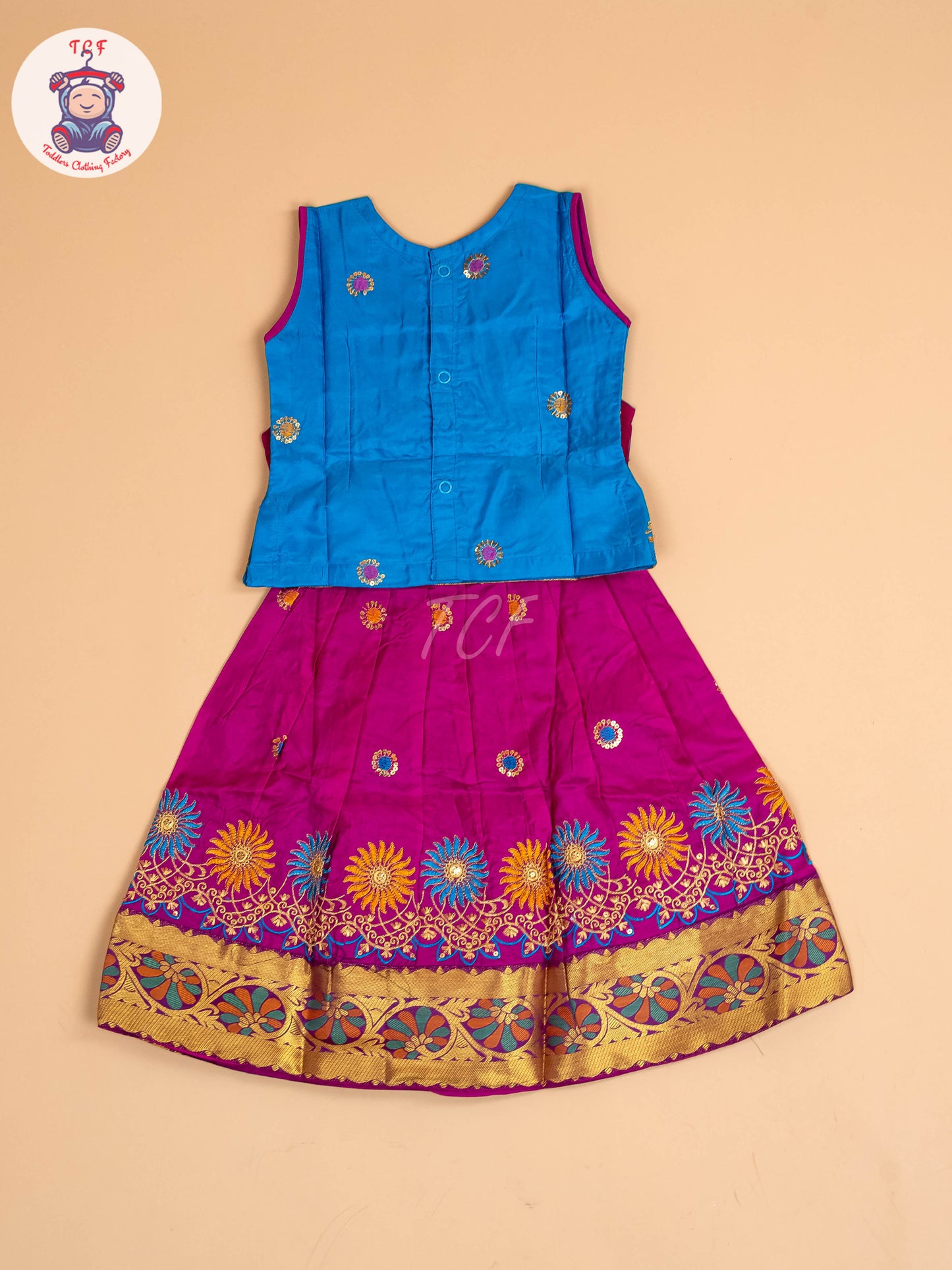 Sky Blue & Magenta - Embriodered Pavadai Sattai