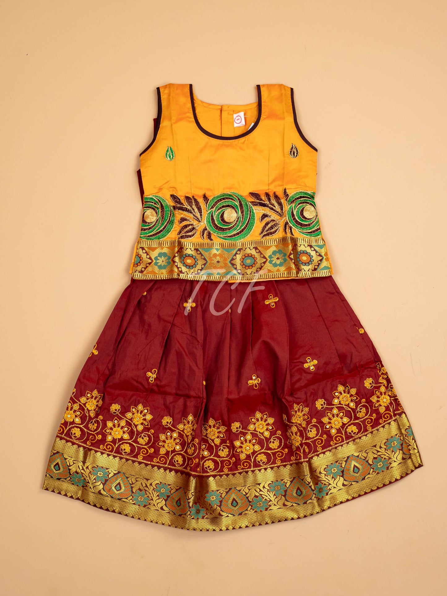 Mustard & Maroon - Embriodered Pavadai Sattai