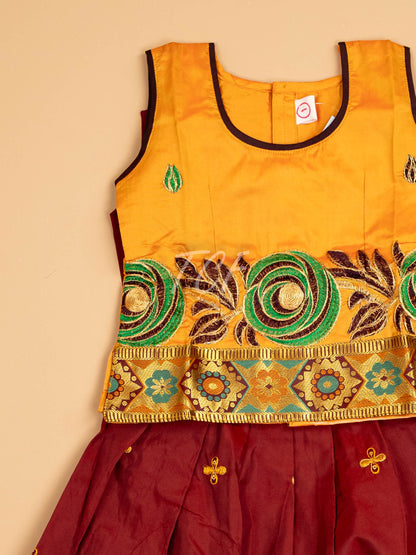 Mustard & Maroon - Embriodered Pavadai Sattai