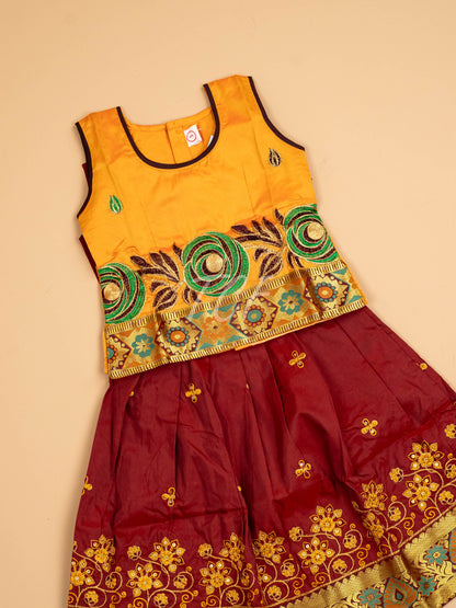 Mustard & Maroon - Embriodered Pavadai Sattai