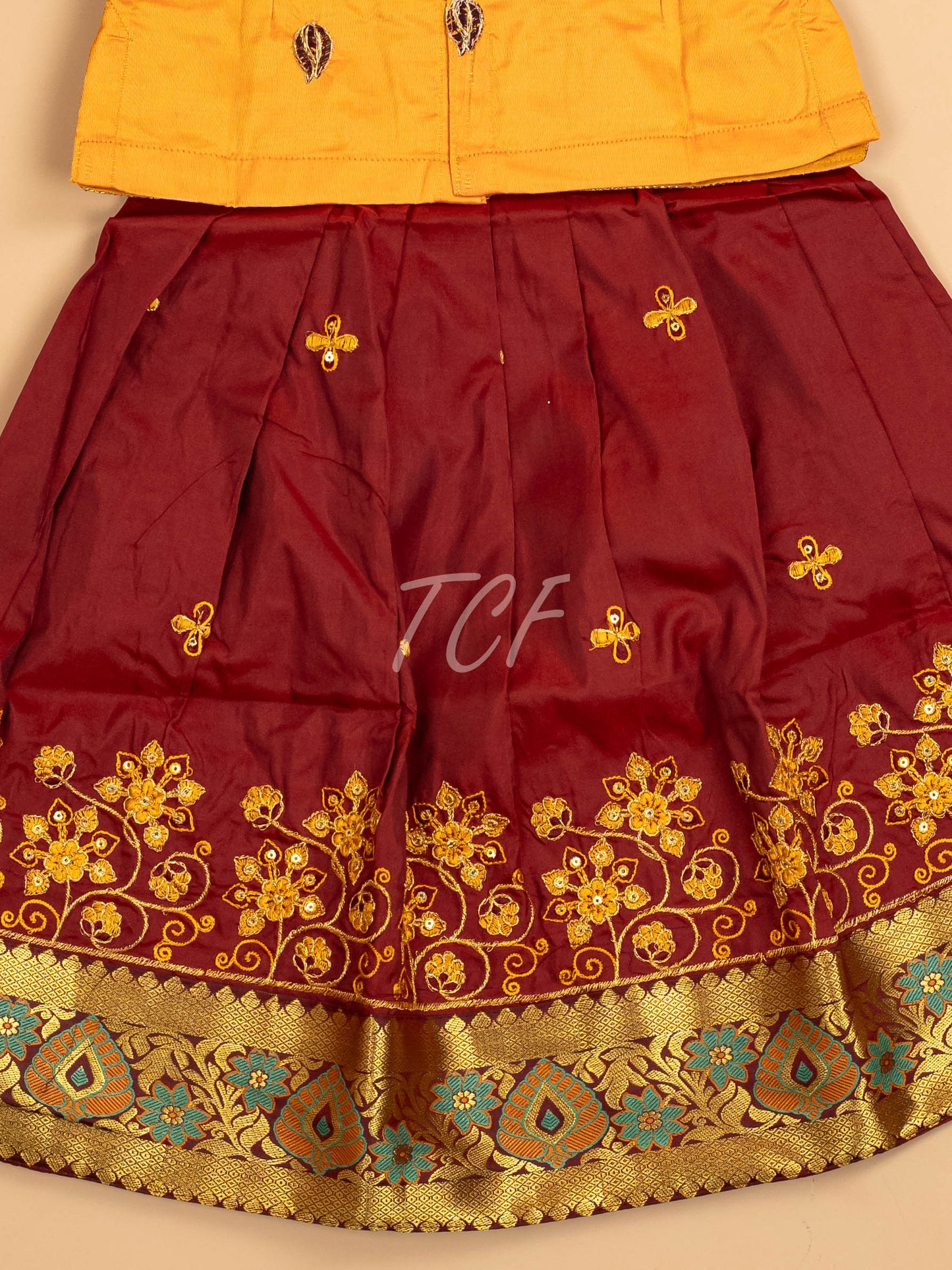 Mustard & Maroon - Embriodered Pavadai Sattai