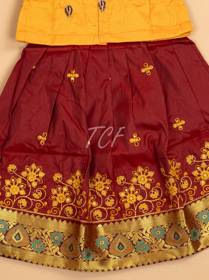 Mustard & Maroon - Embriodered Pavadai Sattai